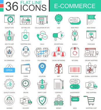 Vektör internet E-ticaret modern düz çizgi apps için anahat simgeleri renk ve web tasarım.