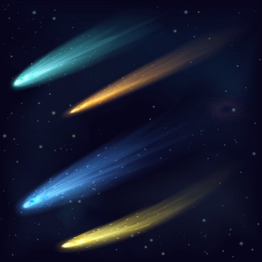Gerçekçi renk vektör meteor göktaşı kuyruklu yıldız uzayda gece gökyüzünde. Uzay Evren gökada arka plan.