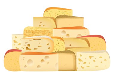 Peynir türleri çoğu parçaları birlikte ayarlayın. Parmesan mozarella swiss emmentaler çedar gouda koleksiyonu.