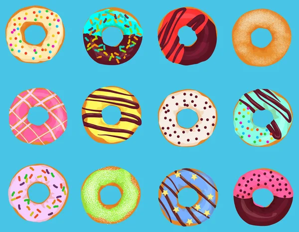 Set cartoon donuts donut taart geïsoleerd op heldere blauwe achtergrond. Gebak donuts menu. — Stockvector