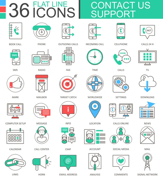 Vektör bize ulaşın destek modern renkli düz çizgi anahat simgeleri uygulamalar ve web tasarımı için.