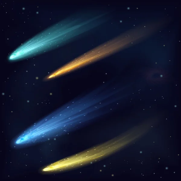 Realistické barevné vektorové meteor asteroidů kometa na noční obloze v prostoru. Pozadí vesmíru galaxie vesmír. — Stockový vektor