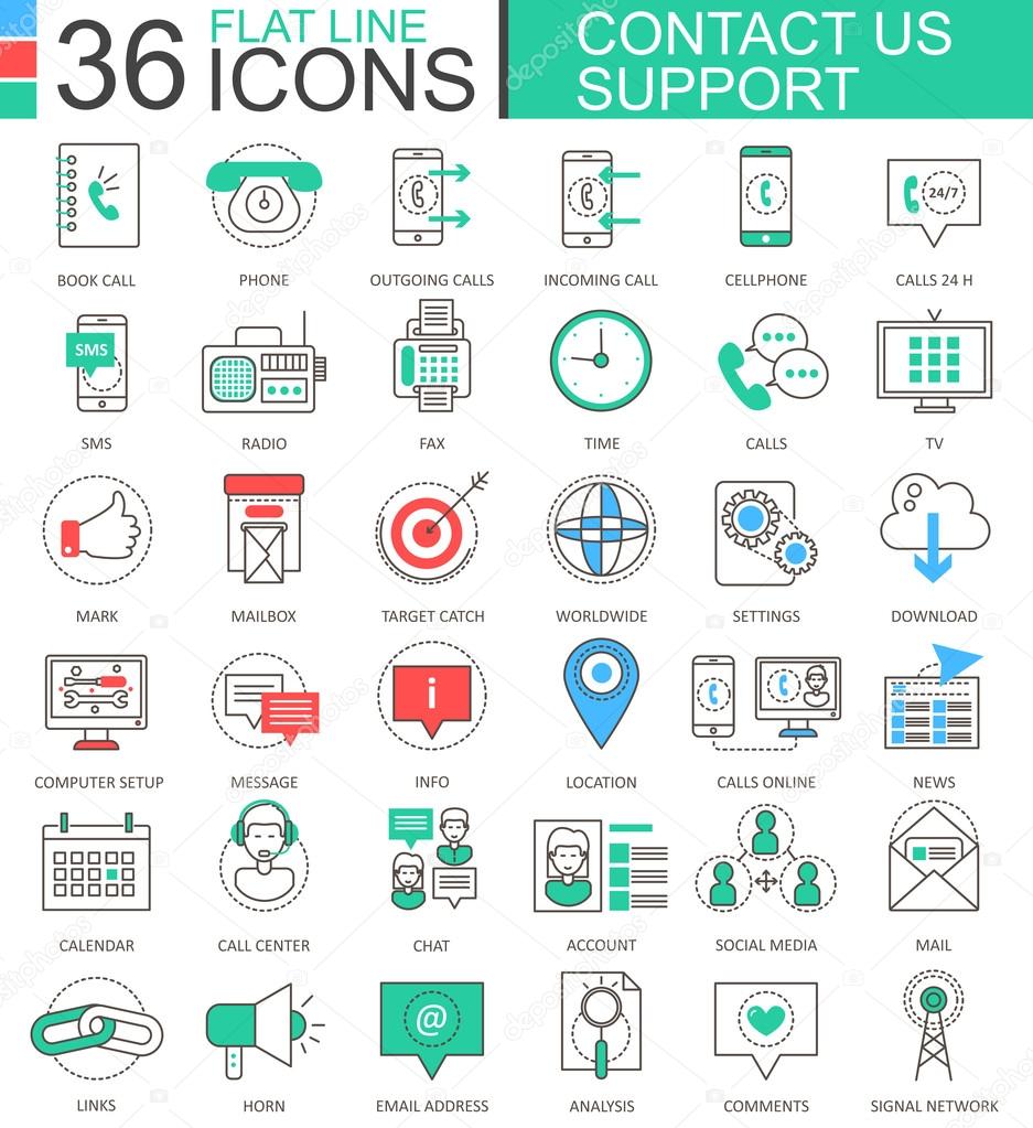Vector Contact us support modern color flat line outline icons for apps and web design.