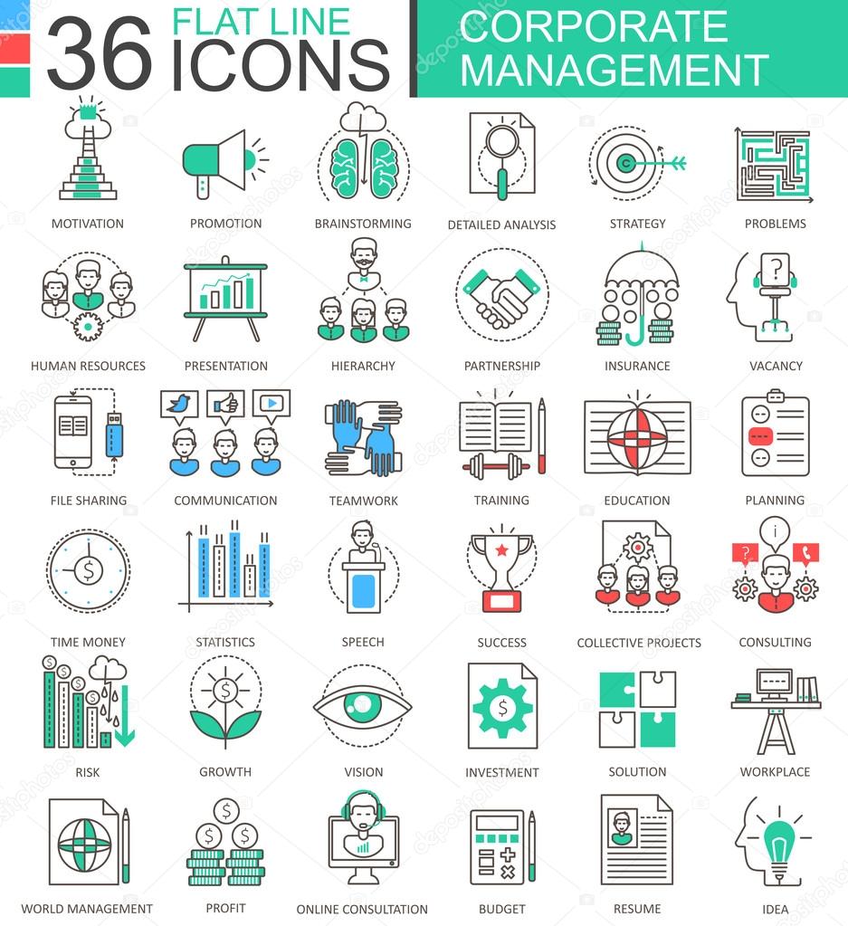 Vector Corporate managment modern color flat line outline icons for apps and web design.