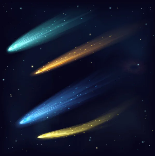 Cometa realista del asteroide del meteorito del vector del color en el cielo nocturno en espacio. Espacio Cosmos fondo galaxia . — Vector de stock