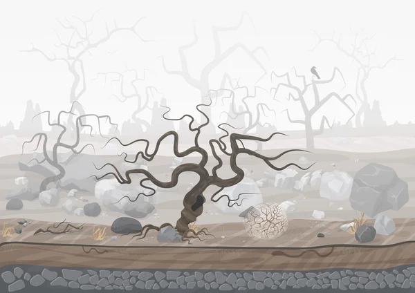 Bosque misterioso en la niebla. oscuro espeluznante halloween paisaje escena . — Vector de stock