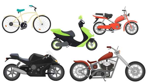 クラシックカラーフラットリアルなバイクモペット、スピードバイク、トラベルバイク、パワーモトバイクコレクションセット. — ストックベクタ