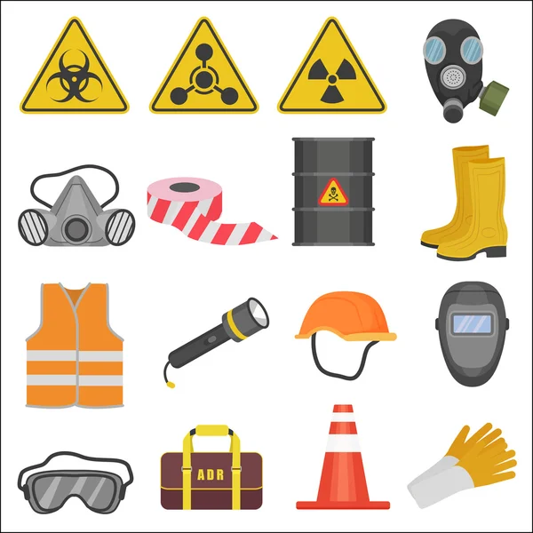 Icônes plates d'équipement de sécurité de travail industriel ensemble. Radiation et protection chimique . — Image vectorielle