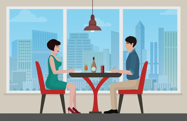 Feliz encuentro de pareja joven y tener lancha en el interior del restaurante cafetería. Dibujos animados vectoriales ilustración . — Vector de stock