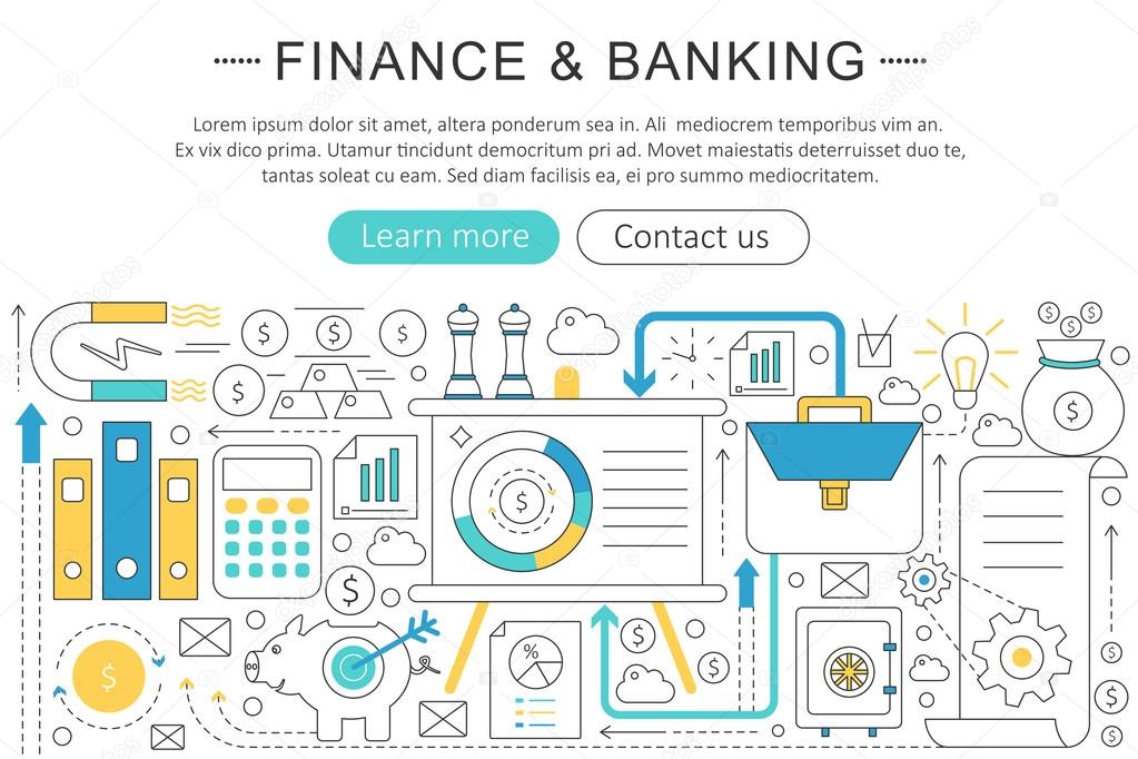 Vector elegant thin line flat modern Art design Finance banking investment concept. Website header banner elements layout. Presentation, flyer and poster.