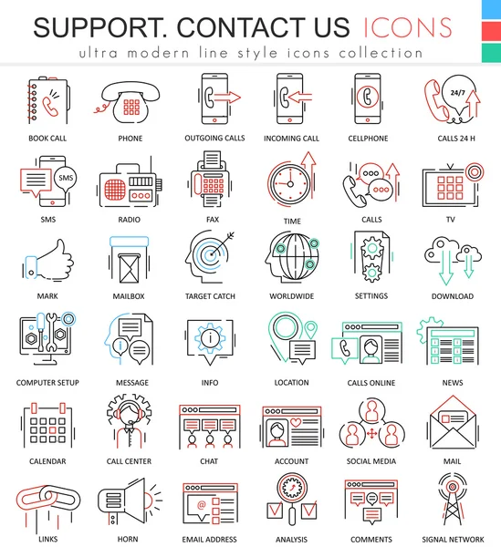 Vektör bize ulaşın destek modern renkli düz çizgi anahat simgeleri uygulamalar ve web tasarımı için.