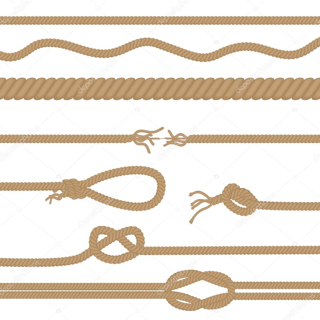 Set of realistic vector brown ropes and knots brushes isolated.