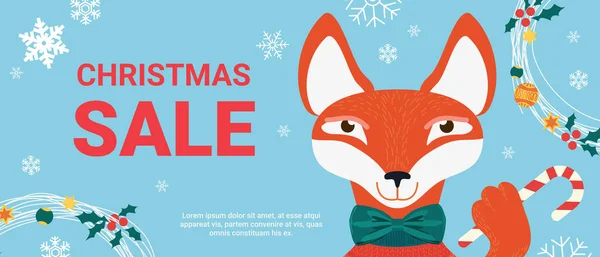 Kerstverkoop promo, cartoon vos met sjaal cadeau geschenken — Stockvector