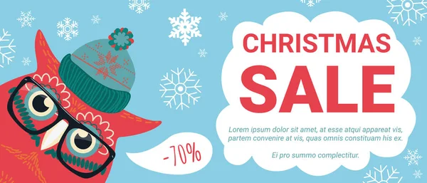 Jul försäljning bakgrund, rabatt erbjuder med tecknad söt uggla i glasögon, hatt och snöflingor — Stock vektor