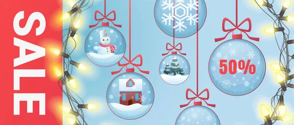 Kerst verkoop banner met feestelijke ballen decoratie voor kerstboom en kerstmis glanzende slinger — Stockvector