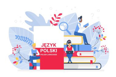 İnsanlar Lehçe vektör çizimi öğreniyor. Polonya Uzaklık Eğitimi, çevrimiçi öğrenim kursları konsepti. Öğrenciler çizgi film karakterleri okuyor. Yabancı diller öğretiyor.