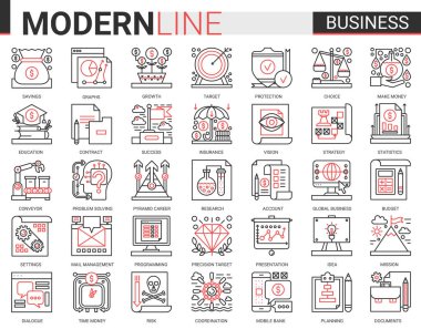 İş kompleksi kavramı ince siyah çizgi ikonu vektörü seti, para tasarrufu büyümesi, başarılı planlama bütçesi ve ofis işi için iş stratejisinin ana hatlarını gösteren bilgi simgeleri..