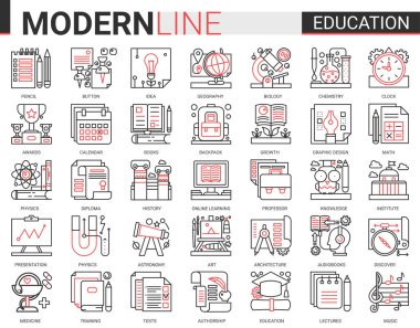 Eğitim kompleksi kavramı ince siyah çizgi ikonu vektörü ana hatlı bilgi okulu, laboratuvar veya üniversite, eğitim sembolleri, laboratuvar deney ekipmanları, okul kitabı ve kırtasiye malzemesi ile belirlendi.