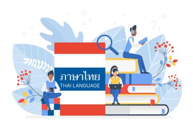 İnsanlar Tayland dili vektör illüstrasyonunu öğreniyor. Tayland uzaktan eğitim, online öğrenme kursları konsepti. Öğrenciler çizgi film karakterleri okuyor. Yabancı diller öğretiyor.