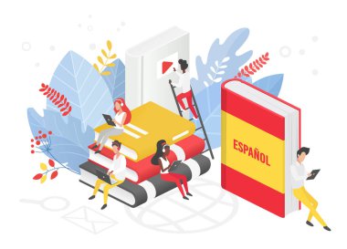 İzometrik çevrimiçi İspanyolca dil kursları, uzaktan eğitim, uzak okul üniversite konsepti