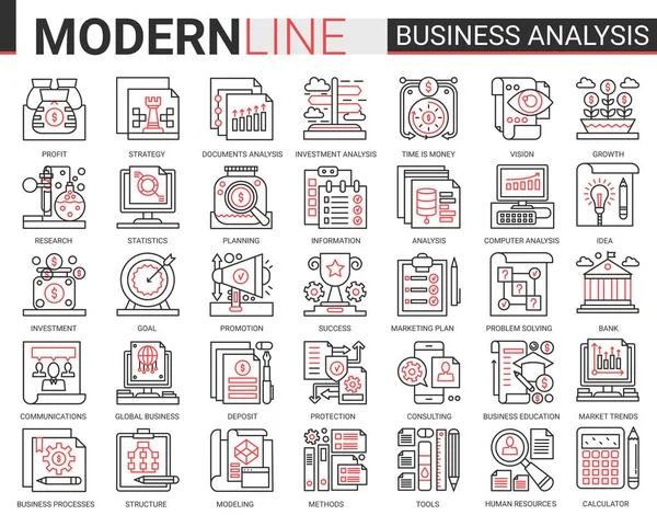 Análise de negócios linha preta vermelha fina ícones conjunto de ilustrações vetoriais, ferramentas de analista de empresário para análise digital informações do mercado de ações, estratégia de consultoria —  Vetores de Stock