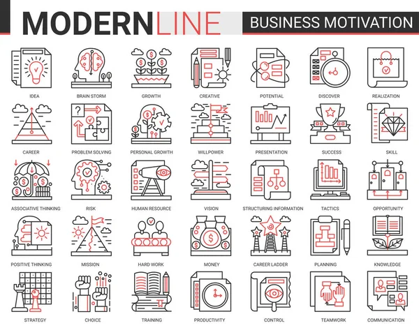 Motivação empresarial plano fino vermelho linha preta ícone vetor ilustração conjunto com símbolos de esboço motivacionais para a produtividade dos processos financeiros, planejamento do trabalho em equipe — Vetor de Stock