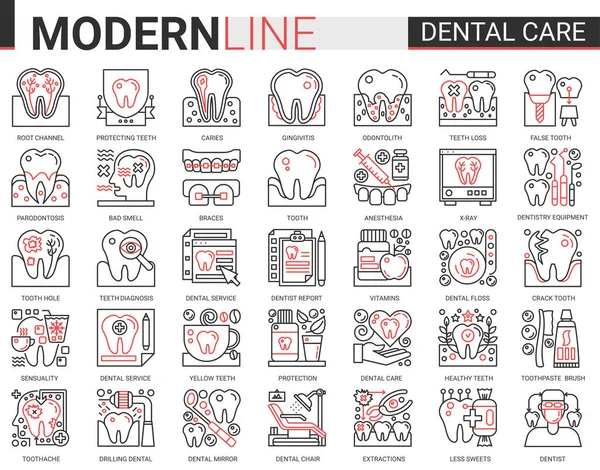 Medicina dentária fina linha preta vermelha ícones vetor ilustração conjunto com médico dente implante pictograma, equipamento odontológico, pasta de dentes — Vetor de Stock