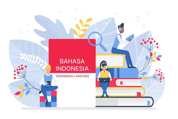 Cursos de indonesio en línea ilustración plana. Educación a distancia, escuela remota, universidad de Indonesia. Idioma Clase de Internet, e learning, Estudiantes leyendo libros. Enseñar idiomas extranjeros. — Archivo Imágenes Vectoriales