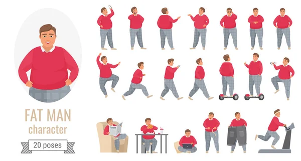 Hombre gordo acción plantea conjunto, personaje masculino positivo cuerpo de dibujos animados con suéter rojo y pantalones grises — Archivo Imágenes Vectoriales