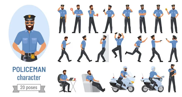 Policeman poses cartoon set, bearded professional police officer character in various action — Stock Vector