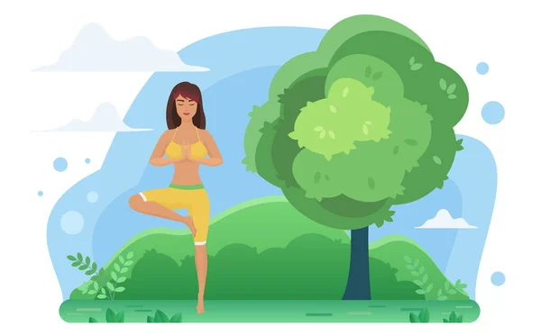 Meditazione yoga in natura, donna che fa posizione vrikshasana — Vettoriale Stock