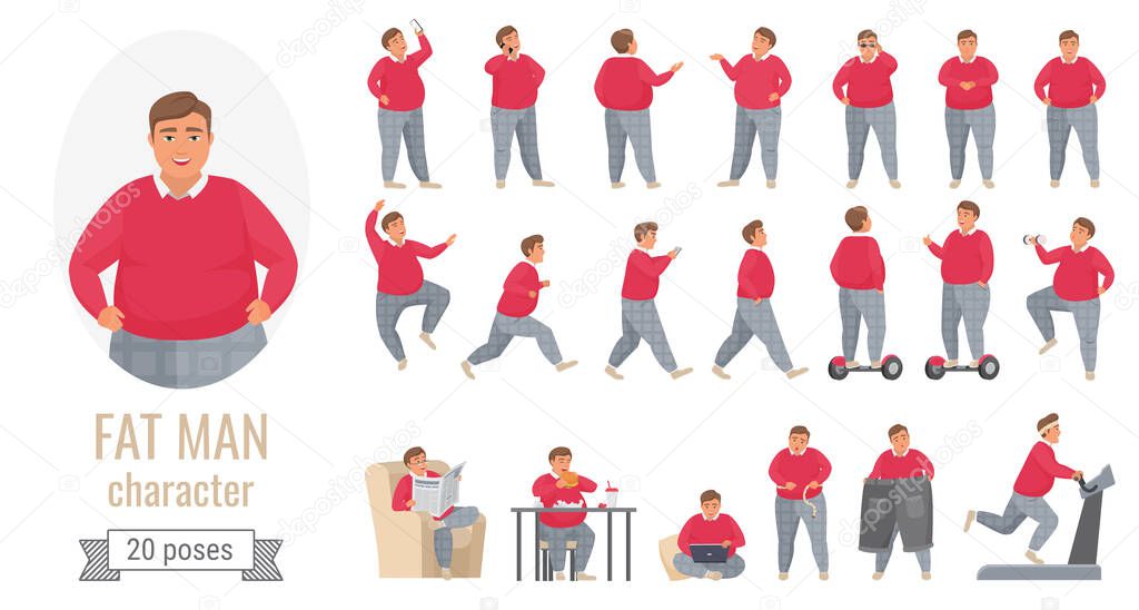 Fat man action poses set, cartoon body positive male character wearing red sweater and gray pants