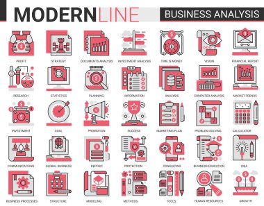 İş analitiği karmaşık düz çizgi ikonları vektör illüstrasyonu seti, borsa bilgilerinin dijital analizi için iş adamı analisti araçları, danışmanlık stratejisi