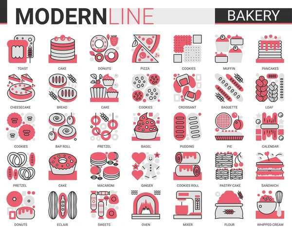 Conjunto de ilustración de vectores de iconos de línea plana de concepto complejo panadería, colección de pictogramas de bocetos de postres de alimentos dulces con productos y equipos de azúcar de chef panadero — Archivo Imágenes Vectoriales