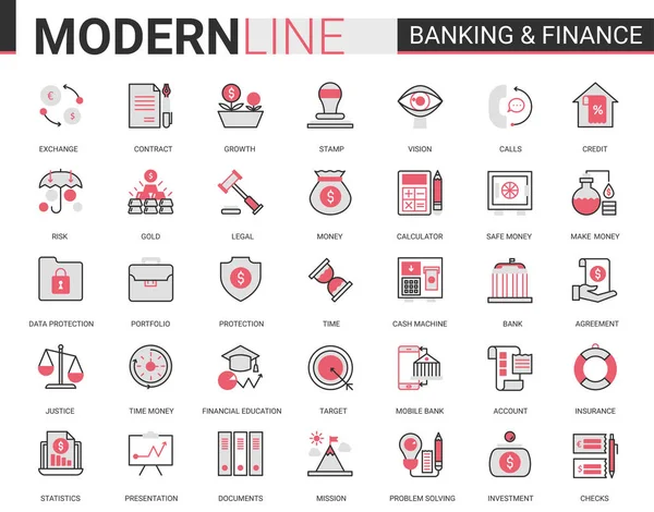 Финансово-банковская плоская тонкая красная линия иконки векторные иллюстрации набор, творческий сайт финансового очертания символов цифрового банка — стоковый вектор