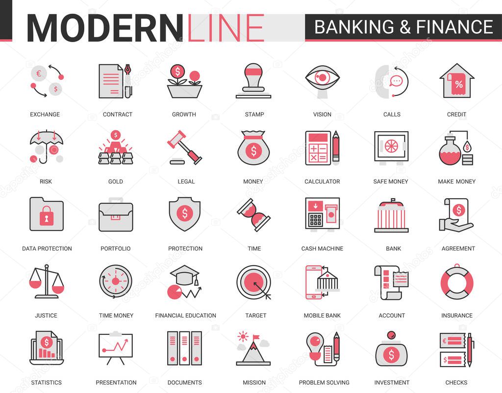 Finance and banking flat thin red black line icons vector illustration set, creative website financial outline symbols of digital bank