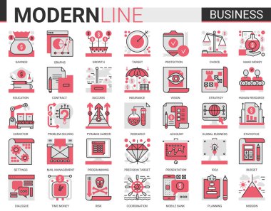 İş kompleksi düz çizgi ikonu vektörü, para tasarrufu büyümesi, başarılı planlama bütçesi ve ofis işleri için iş stratejisinin ana hatlarını gösteren bilgi simgeleriyle belirlendi.