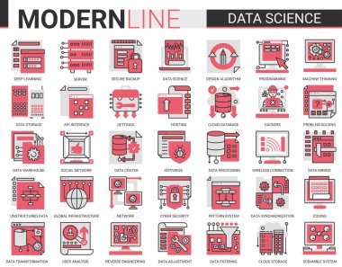 Veri bilimi kompleksi konsepti düz çizgi vektör çizimi veritabanı depolama internet sistemlerinde bilimsel teknolojinin ana sembollerinin toplanması