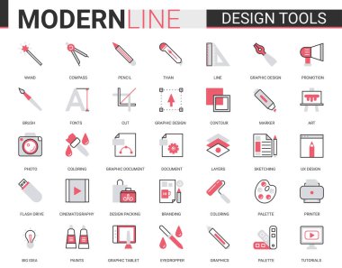 Sanat tasarımı aracı düz kırmızı çizgi simgeleri vektör illüstrasyon seti, tasarımcı pictogram işlem ekipmanları koleksiyonu profesyonel yaratıcı sanatsal öğeler koleksiyonu