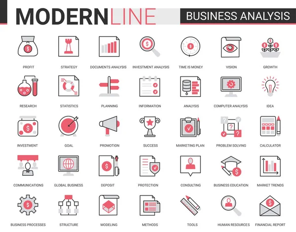 Business Analytics flache dünne rote schwarze Linie Symbole Vektor Illustration Set, Geschäftsmann Analyst Tools für die digitale Analyse von Börseninformationen, Beratungsstrategie — Stockvektor