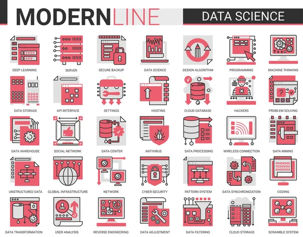 Conceito de ciência de dados complexo linha plana ícone vetor ilustração conjunto com esboço símbolos coleção de tecnologia científica em sistemas de armazenamento de banco de dados internet —  Vetores de Stock