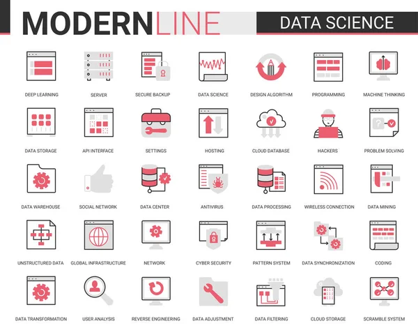 Data science dunne rode lijn pictogram vector illustratie set met overzicht symbolen collectie van wetenschappelijke technologie in database storage internet systemen — Stockvector