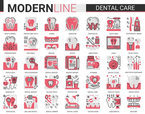 Medicina dentária conceito complexo ícones de linha plana conjunto de ilustrações vetoriais com implantes dentários médicos pictograma, equipamentos odontológicos, pasta de dentes — Vetor de Stock