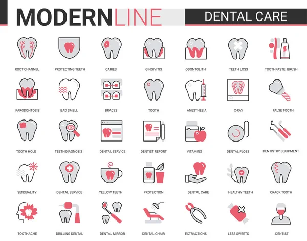 Dental care medicine flat thin red black line icons vector illustration set with medical tooth implant pictogram, dentista attrezzature, dentifricio — Vettoriale Stock