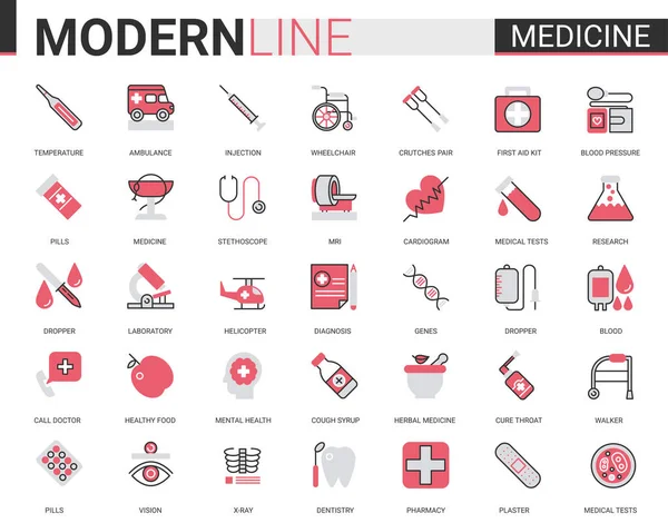 Medicina atención médica línea plana icono vector ilustración conjunto, símbolos de atención médica para aplicaciones móviles con equipo de laboratorio de investigación hospitalaria, tratamiento médico — Archivo Imágenes Vectoriales