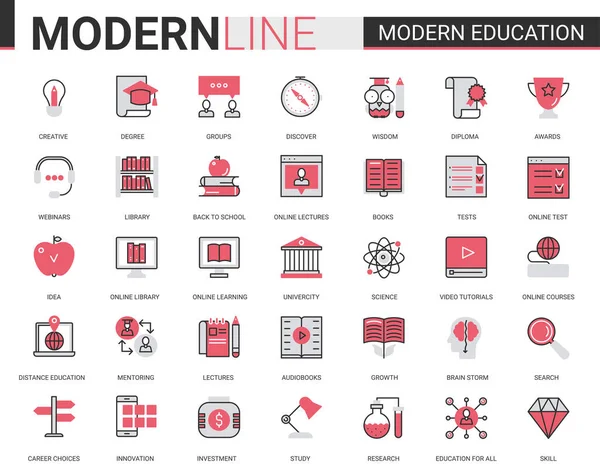 Educação moderna vermelho preto ícones de linha plana conjunto de ilustrações vetoriais com símbolos de tecnologia educacional linear para aplicativos móveis com aprendizagem de processo —  Vetores de Stock