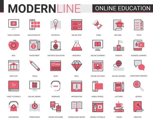 Enseignement à distance en ligne plat mince rouge ligne noire icônes vectorielles ensemble avec des symboles de technologie éducative linéaire pour les applications mobiles avec processus d'apprentissage — Image vectorielle