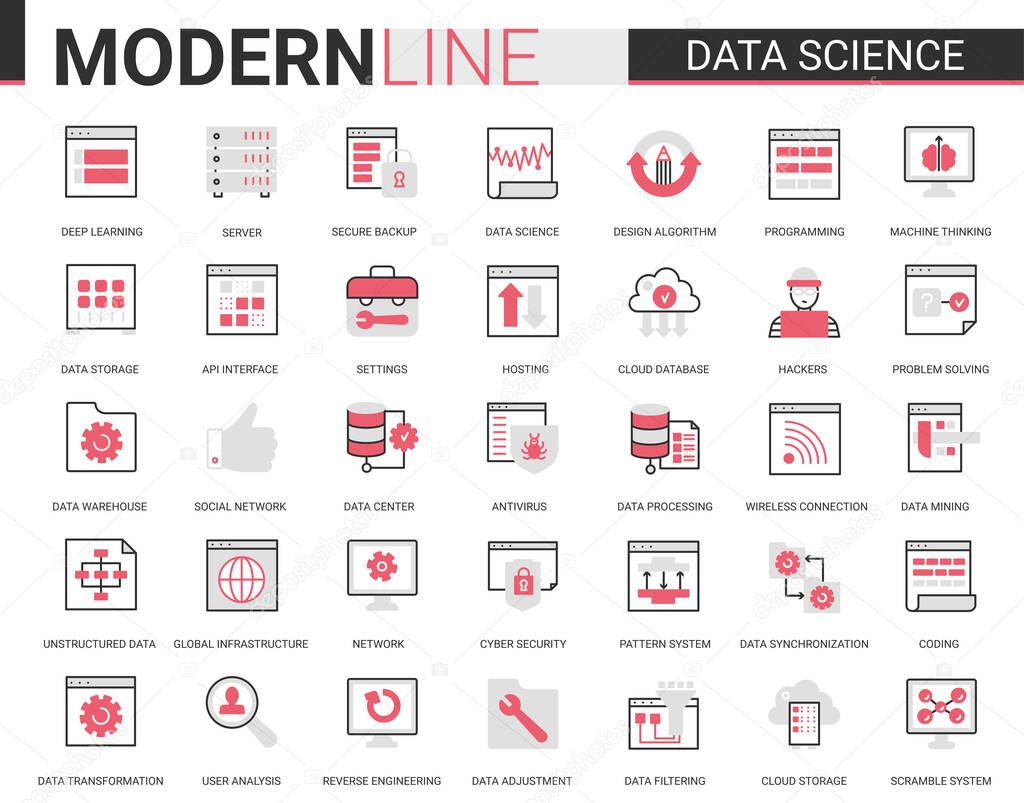 Data science thin red black line icon vector illustration set with outline symbols collection of scientific technology in database storage internet systems