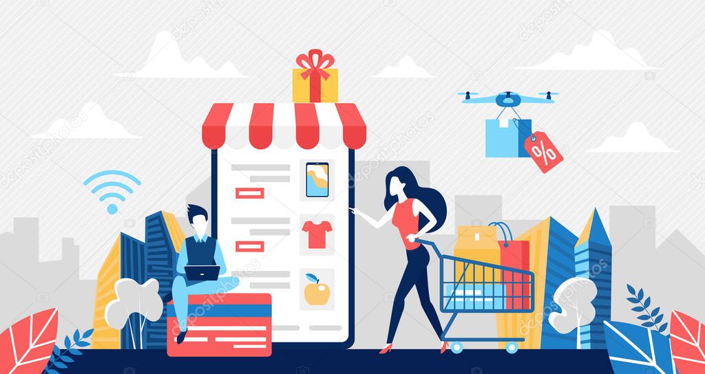 Buy clothes and food in online store, shop sale concept