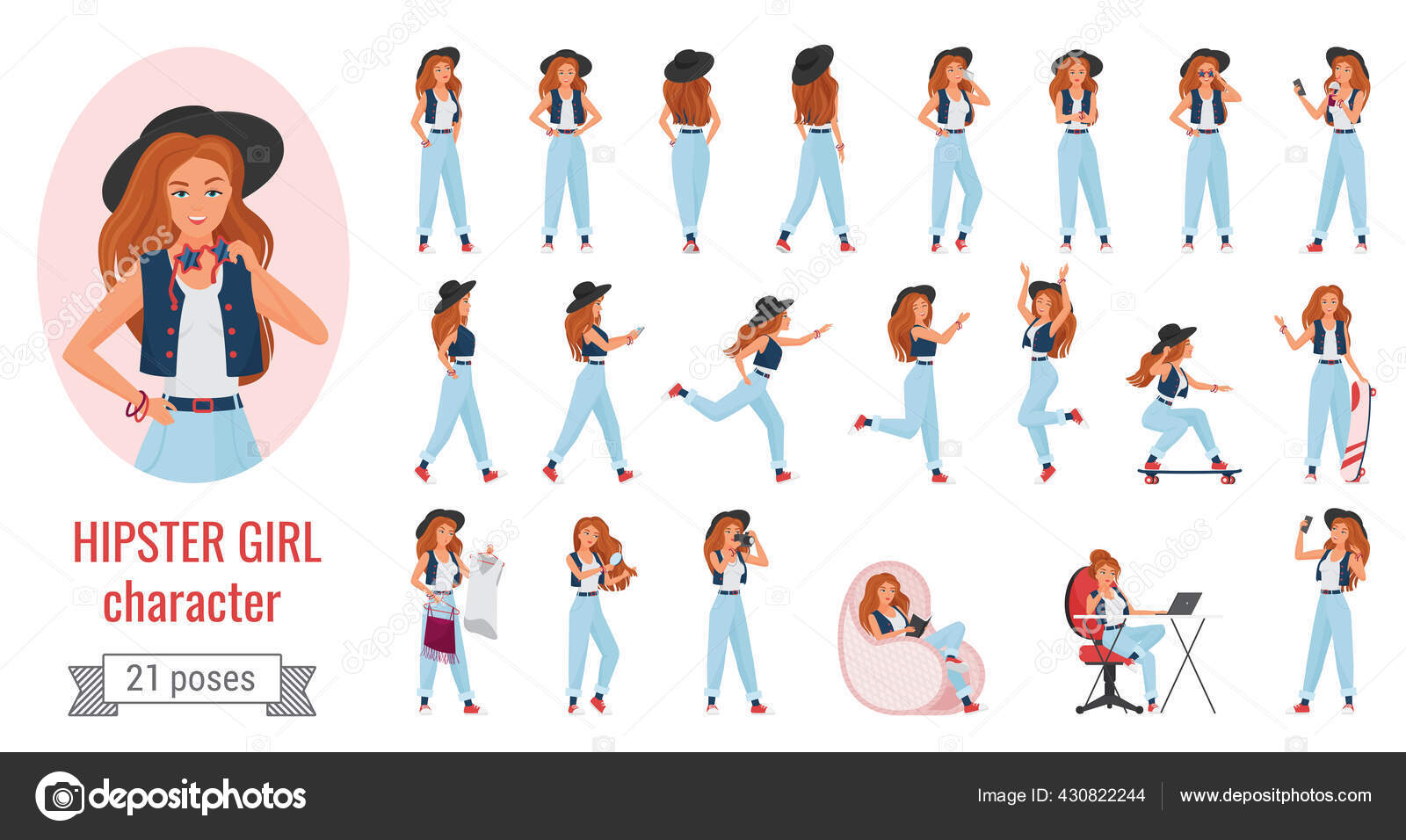 Hipster menina poses definido com desenho animado muito personagem feminino  Vetor de ©Lembergvector 430822244, image size:1600x956